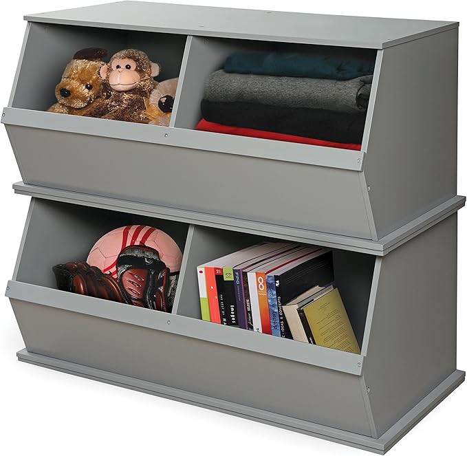 Badger Basket Two Bin Stackable Toy Storage Cubby Organizer ??Modular Storage for Toys, Books, and Crafts ??Solid Wood Panel ??Gray