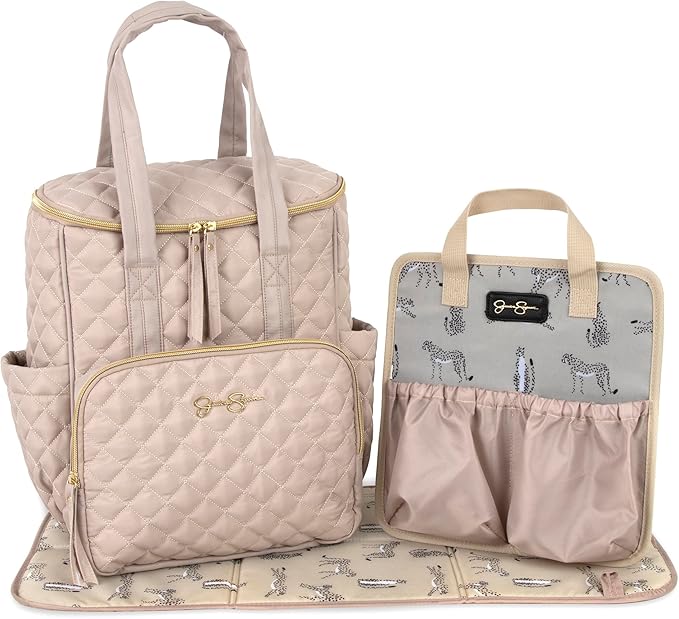 Jessica Simpson Quilted Diaper Bag Backpack with Insulated Pockets, Portable Changing Pad, Stroller Straps, Organizer Insert 3 Pc. Set (Khaki)