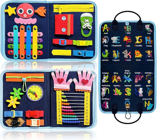 Gojmzo Busy Board Montessori Toys for Toddler Boys & Girls Gifts, Sensory Toys for Toddlers, Educational Travel Preschool Activities Learning Alphabet Count Fine Motor Skills