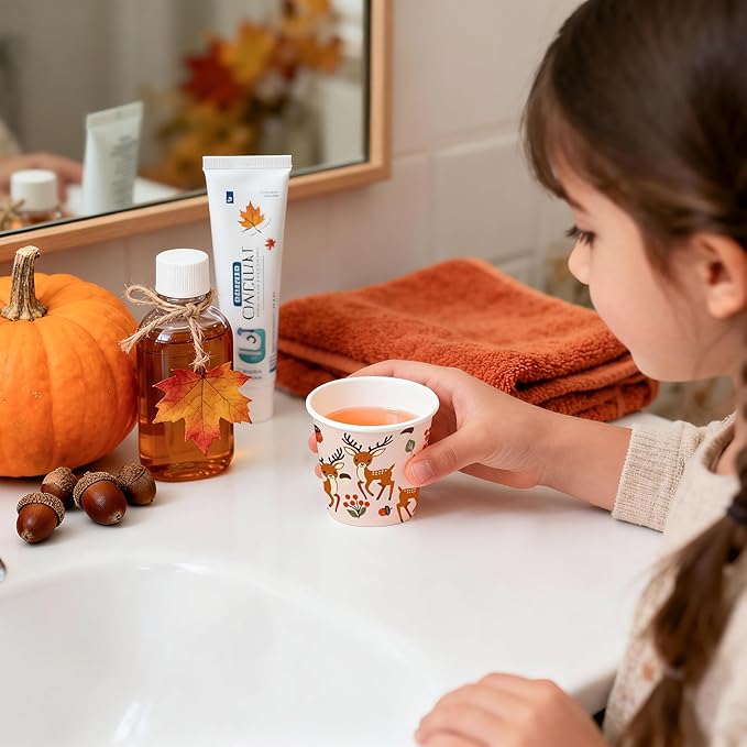 WRAPAHOLIC 3oz Woodland Animal Paper Cups - 100 Pack Disposable Bathroom Cups with Fox, Bear, Deer and Owl 4 Designs, Small Mouthwash Cup for Toothbrush Rinse, Home Bathroom, Fall and Baby Shower