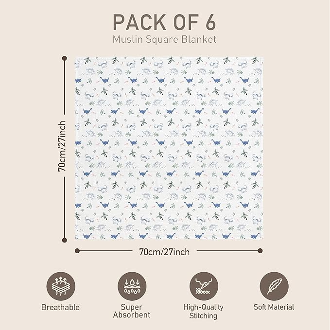 GLLQUEN BABY Receiving Blanket Boy Cotton Muslin Swaddle Blankets Girl Newborn Squares Breathable & Soft Thin Baby Blankets Cloths Double Absorbent Infant Swaddling Wrap - 6 Pack (Dinosaur)