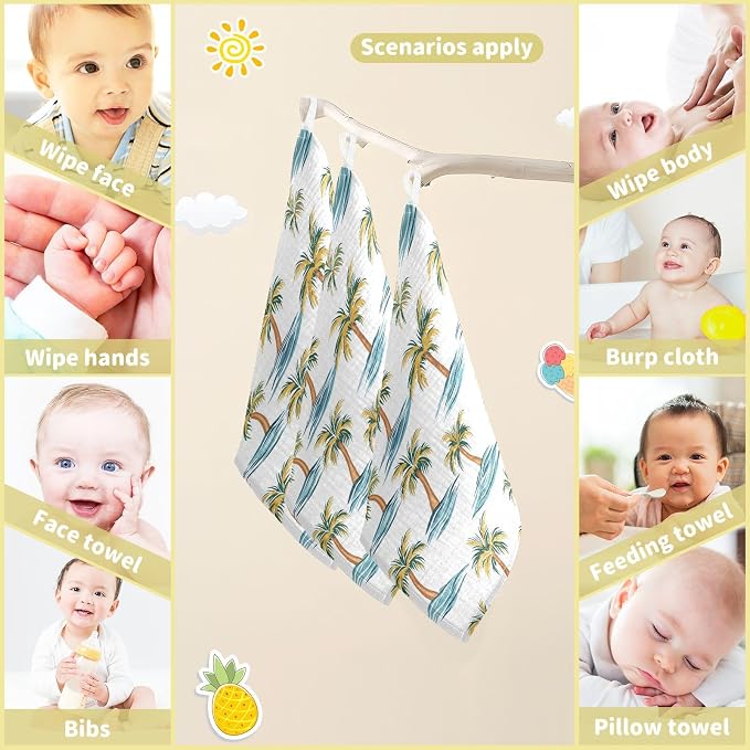 vvfelixl Baby Muslin Washcloths Beach Palm Trees Baby Burp Cloths Cotton Babys Face Towel for Newborn Infants Boys Girls Soft and Absorbent 11.8 X 11.8 in, 3 Pack