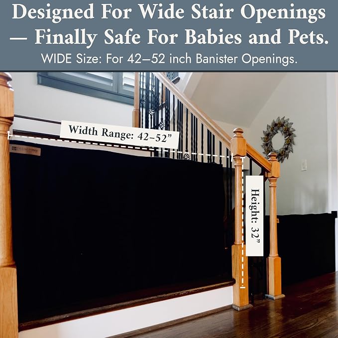 The Stair Barrier First Fabric Banister to Banister Baby Gates for Stairs 42”–52” Wide x 32” Tall– No Drill Baby Gate for Top or Bottom Staircase, Machine-Washable Climb Proof, Designed in USA, Black