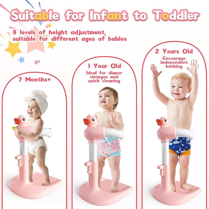 JUNEU Baby Shower Stand, Adjustable Height Baby Bath Stand with Enlarged Anti-Slip Base, Toddler Shower Standing Support, Soporte para Bañera de Bebe, Ideal Gift for Infant 6??6 Months (Pink Duck)