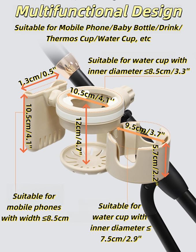 3-in-1 Stroller Cup Holder, Baby Stroller Accessories with Bottle Holder, Phone Mount, and Drink Caddy for Strollers, Perfect for Parents on The Go (Beige)