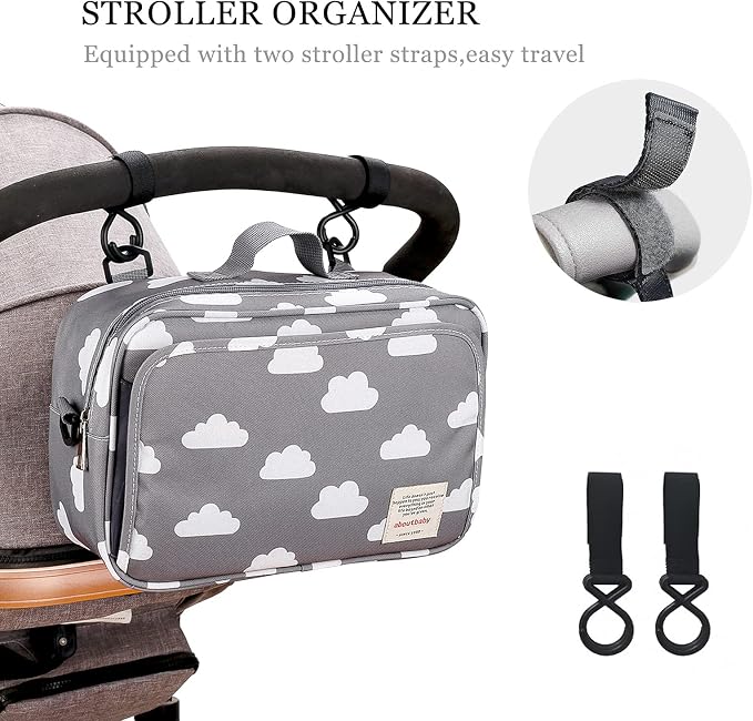 SONARIN Pram Buggy Bag Organiser & Stroller Organiser,Large Stroller Storage with Deep Cup Holder,2 x Pram Hooks,Shoulder Strap Used as Carry-On Handbag,Universal Fit All Buggy Models(Cloud)