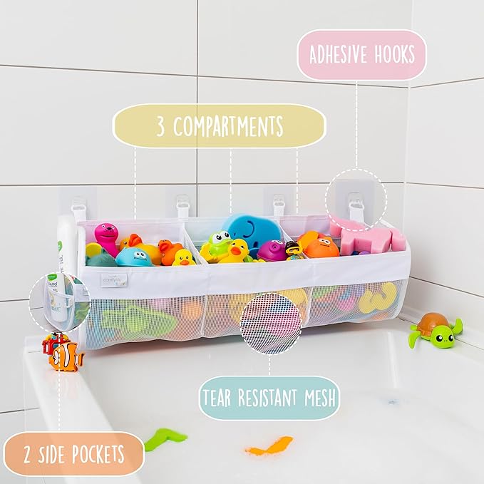 Comfylife Large Bath Toy Organizer ??3 Compartment Bath Toy Holder for Bathtub & Shower ??Quick-Dry Mesh with 4 Strong Adhesive Hooks ??Kids Toys Storage Net for Bathroom, shower & Tub