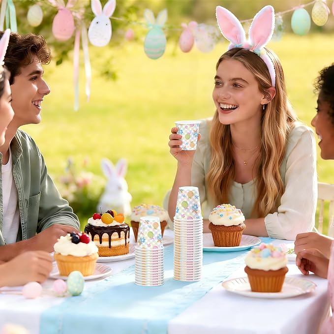 WRAPAHOLIC 3oz Easter Paper Cups - 100 Pack Disposable Bathroom Cups with Colorful Eggs Plaid Design, Small Mouthwash Cup for Toothbrush Rinse, Bathroom, Easter, Baby Shower and Party