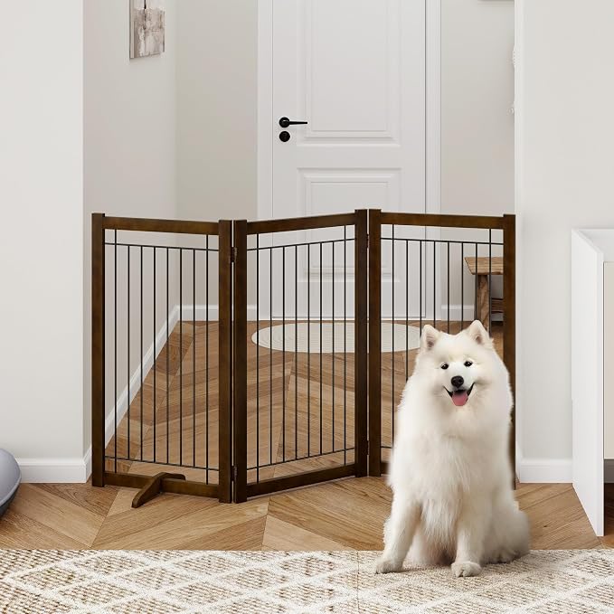Acovy Wire Dog Gate Solid Wood Frame, Anti-Chewing, 3-Panel, 36" Height, 60" Width, Indoor Freestanding Pet Gate Foldable Wooden Dog Fences for Stairs, House, Doorway, Walnut Color