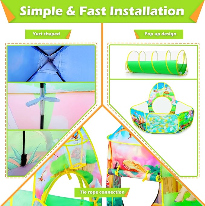 GeerWest 3PC Dinosaur Tent for Girls with Kids Ball Pit, Kids Play Tents and Crawl Tunnel for Toddlers, Pink Pop Up Playhouse Toys for Baby Indoor& Outdoor Tent Games, Birthday Kid?™s Gifts