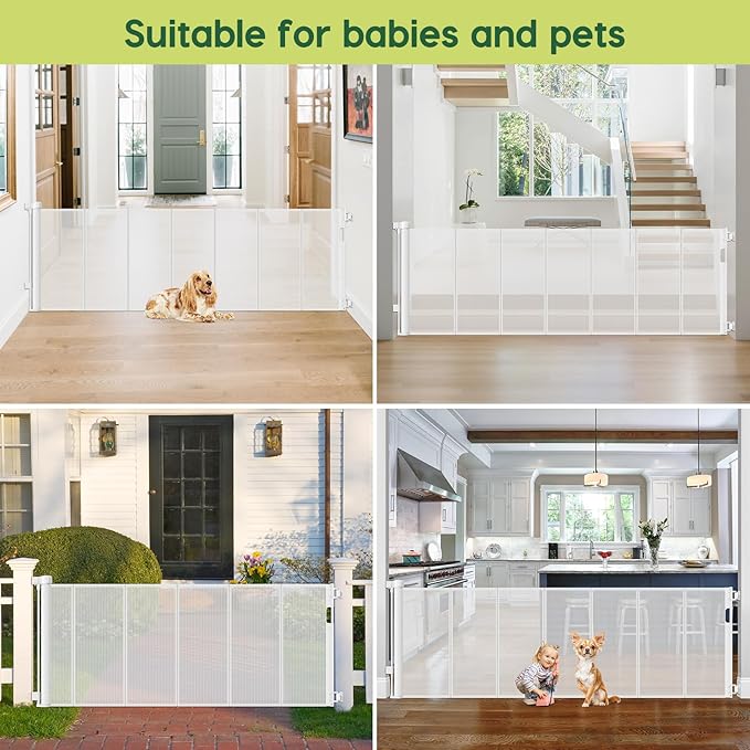 Reinforced 80 Inch Extra Wide Retractable Baby Gate with Support Rods, Indoor/Outdoor Retractable Pet Gates for Wide Openings, 33??Tall Mesh Dog Gate Indoor Extra Long Baby Gates for Decks, White