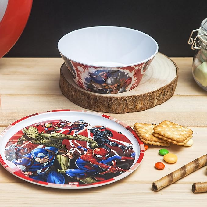 Zak Designs 5-Piece Dinnerware Set, Marvel Universe - Durable Plastic & Stainless Steel - Includes Water Bottle, 8-Inch Plate, 6-Inch Bowl, Fork & Spoon - Suitable for Kids Ages 3+