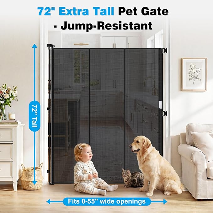 Reinforced 72" Extra Tall Cat Gate for Doorway, Jump-Resistant & Prevent Crawling Underneath Safety Retractable Baby Gates, Fits 0-55" Width Indoor Retractable Dog Gate, Barrier, Screen & Fence