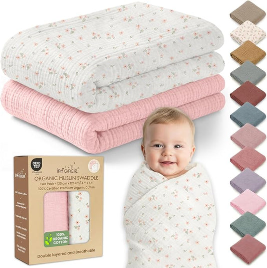 Organic Muslin Baby Blanket 2-Pack Blush & Ivory Floral, 47 x 47 Inch, 100% Organic Cotton Oeko-TEX Certified Hypoallergenic Swaddle Blanket for Newborn Boy, Baby Boy Shower Gift