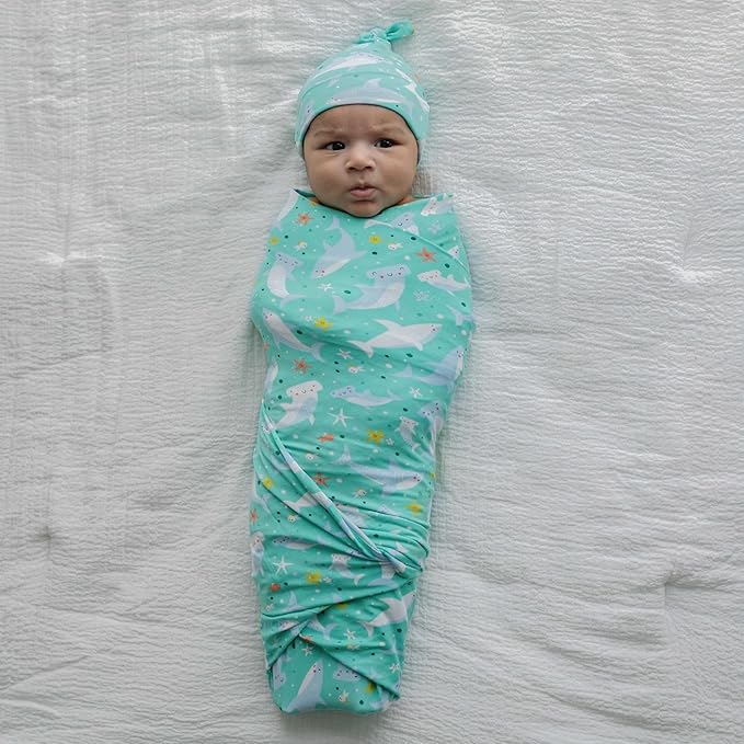 Little Sleepies Swaddle & Hat Set, Baby Swaddles Newborns, Soft Viscose from Bamboo Swaddle Blanket Wrap (Shark Soiree)