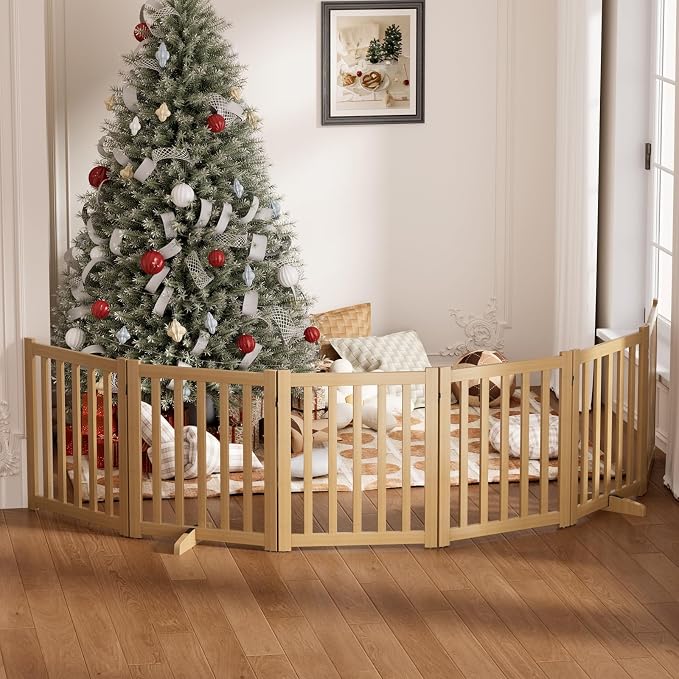 Wooden Freestanding Foldable Dog Gate, 24 Inch Height 6 Panel Pet Gate No Drill for Doorways Stairs, Fully Assembled Indoor Puppy Fence (Wood Color, 120" W x 24" H)