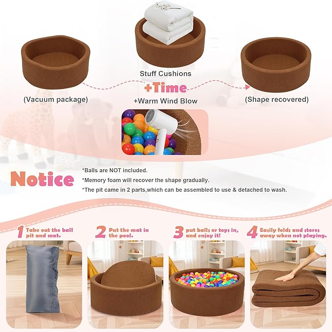 Imitation Teddy Colours Foam Ball Pit 35.4"x 11.8" Soft Round Playpen for Toddlers Dogs Cats with Soft Memory Sponge for Babies Indoor and Outdoor Game Brown (Balls not Included)