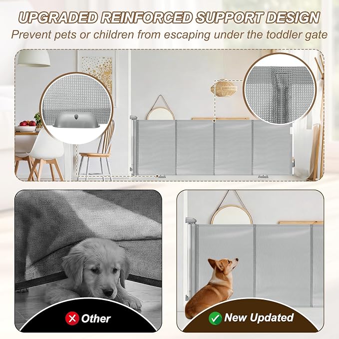 Reinforced 118" Wide Retractable Gate with Reinforced Strips, Indoor/Outdoor Retractable Dog Gate for Doorway Prevent Bottom Drilling Through, Safety Mesh Gate, Grey