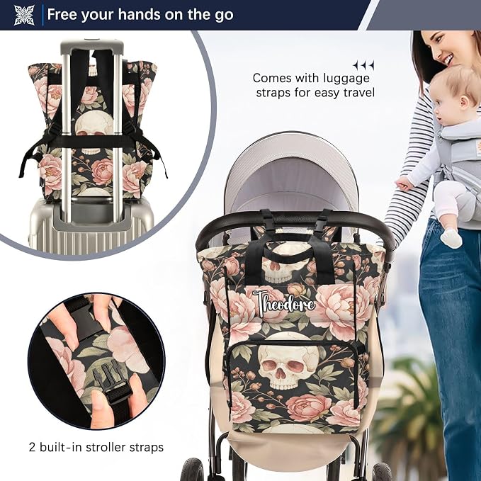 Custom Name Skull Pink Peonies Diaper Bag Insul Bottles Unisex Mom Dad