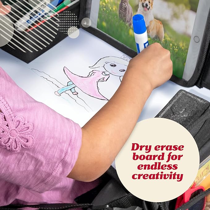 Lusso Gear Kids Lap Desk Tray (Value 2 Pack) - Mesh Pockets & Cup Holder for Car Travel Essentials - Car Seat Tray for Kids Travel & Tablet Holder - Dry-Erase Surface for Road Trip Activities - Black