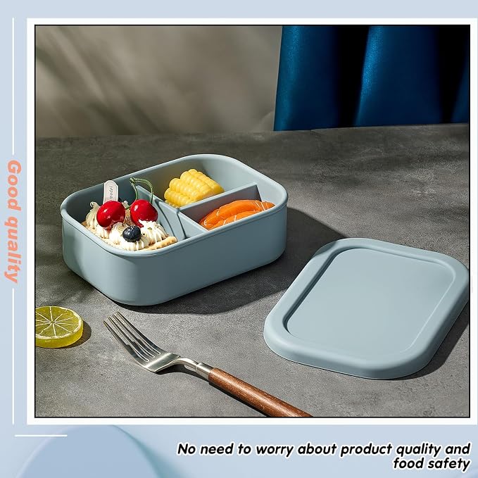 Layhit 1 Pcs Silicone Bento Box for Adults, 27 oz Bento Lunch Container Reusable Food Container for Women Men, Leak Proof Microwave Dishwasher Freezer Safe (3 Compartments,Gray Blue)