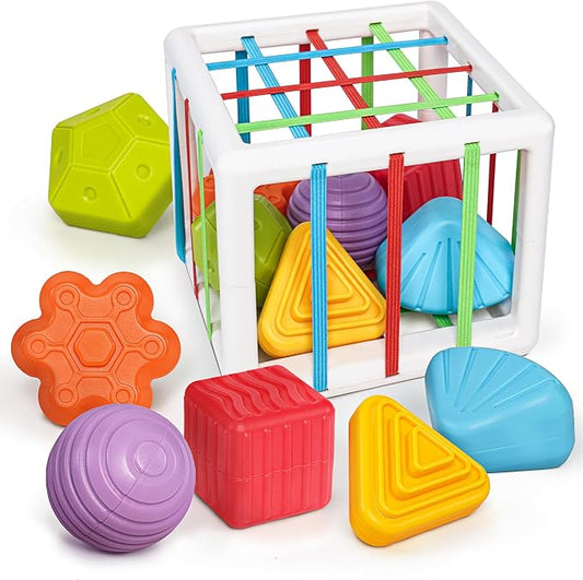 LiKee Montessori Toys for 1 Year Old, 6pcs Multi Sensory Shapes, Toddler Developmental Learning Birthday Gifts, Baby Toys 12+ Months (Cube)