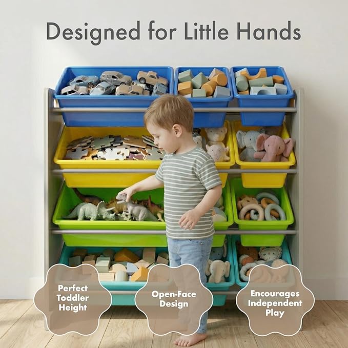 Humble Crew Kids Toy Storage Organizer with 12 Plastic Bins, Grey/Blue/Green/Yellow ??Removable Bins for Playroom, Bedroom, Toddler Furniture for Boys and Girls Ages