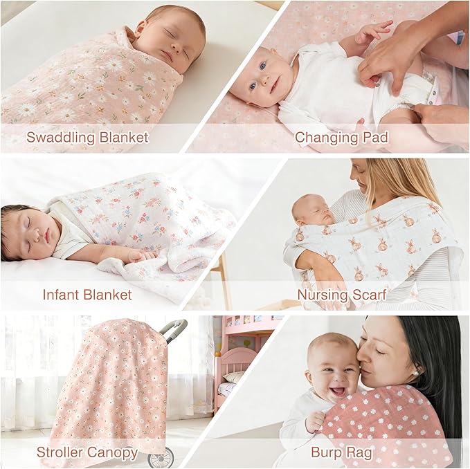 Muslin Swaddle Blankets for Newborn, 4 Pack Large 47"x47" Soft Breathable Bamboo Cotton Baby Blanket, Lightweight Receiving Blanket for Boys and Girls, Spring Bunny Garden