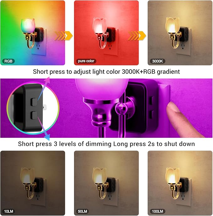 JandCase Night Light, Night Lights Plug into Wall, Glass Tulip LED Nightlight, Color Changing Dimmable Flower Nightlights, Dusk to Dawn Sensor, 180° Rotating Vintage Nite Light for Bathroom Gift Decor