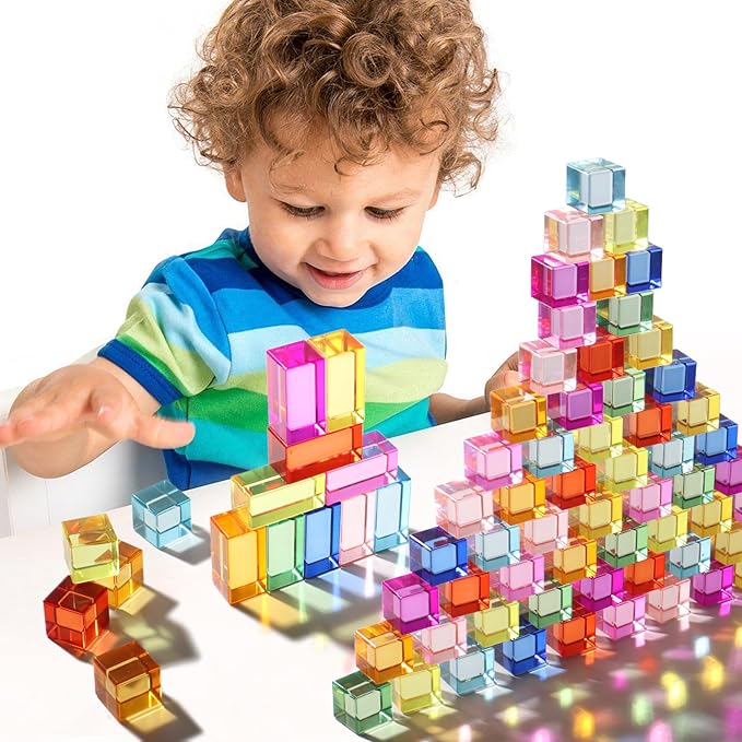 Dinhon 10 Pcs 10 Unique Colors Elongated Acrylic Blocks - 2.5x2.5x5CM Rainbow Gem Rectangular Cubes, Sensory Stacking Toy for Toddlers 1-5, Birthday Gift for Kids