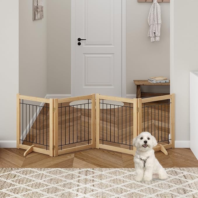 Acovy Wire Dog Gate Solid Wood Frame, Anti-Chewing, 4-Panel, 24" Height, 80" Width, Indoor Freestanding Pet Gate Foldable Wooden Dog Fences for Stairs, House, Doorway, Oak Color