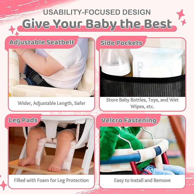 Portable Baby Shopping Cart Seat, High Chair Cover for Outdoor, One-Hand Installation Cart Seat Cover, Comfortable and Supportive Foam-Padded, Grocery Cart Baby Seat ??Pink Checkered