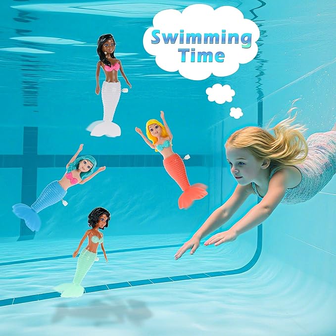 dollbie 12-Pack Wind-Up Mermaid Bath Toys for Kids -Toddler Bath Toys for Kids Moving Tail Priness Doll Diverse Hair Colors & Styles Mermaids, Swimming Pool Party Favors
