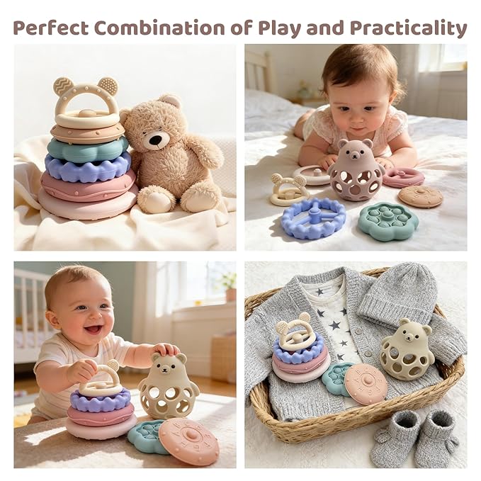 Baby Bear Teething & Stacking Toy Set - Teething Toys Silicone Teethers, Soft Baby Stacker Rings Teether, Learning Toy Gift for Boys and Girls 6+ Months (Pink)