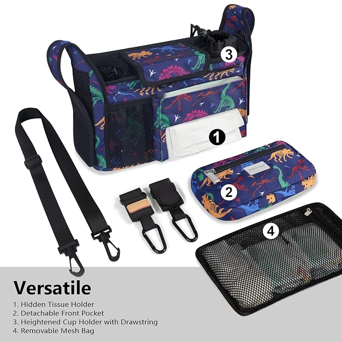 TOPDesign Universal Baby Stroller Organizer, Stroller Caddy with Detachable Mesh Bag & Heightened Insulated Cup Holders & Non-Slip Secure Hooks Accessories, Fits Most Strollers (Dino Fossils)