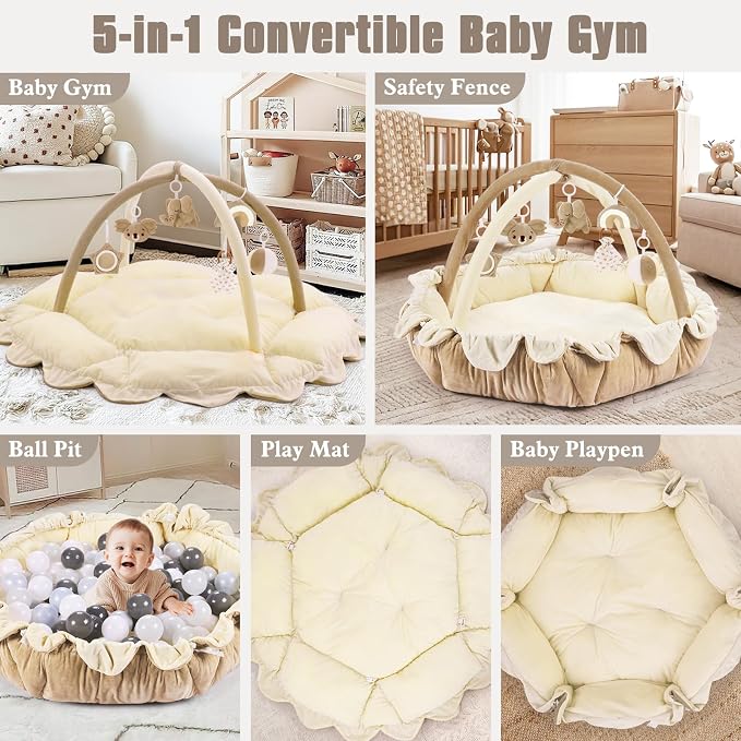 5-in-1 Plush Baby Play Gym, Activity Mat with Convertible Gym, Baby Gym 6 Sensory Toys, Play Center for Newborn to Toddler, Cream