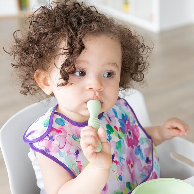 Bumkins Baby Utensil Set, Silicone Trainer Spoons for Dipping, Soft Tip, Self-Feeding, Chew, Baby Led Weaning, First Year Training Supplies, Essentials in Learning Eating, 4 Mos, 3-pk Blue and Green