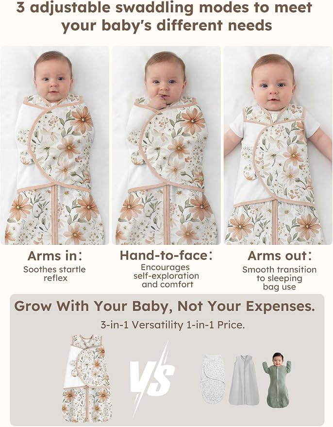 Unnivoll Newborn Sleep Sack Swaddle 100% Cotton Baby Swaddle 0-3 Months, 3-Way Adjustable Wearable Blanket, TOG 0.5, 2 Pack for Baby Boy Girl White Brown Flower