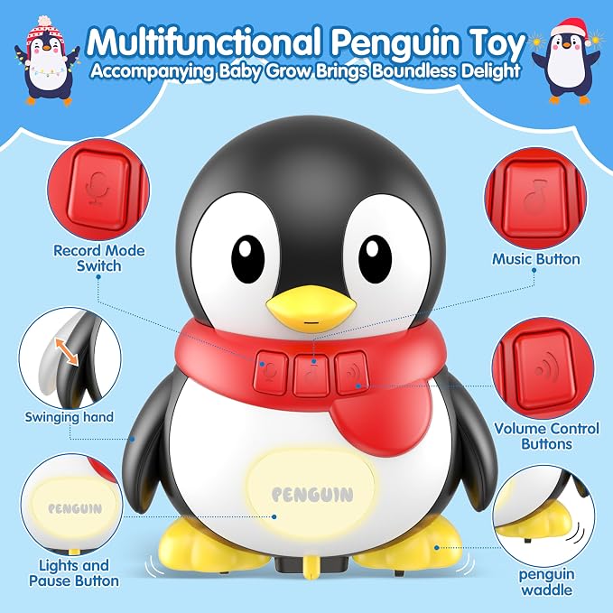 KWYZ 3-Piece Penguin Musical Talking Toys, Magnetic Mama & Baby Toys 6-12 Months, Tummy Time Toys with Light Up, Walking Toys Newborn Infant Toddler Toys for 6 Month Old & 1 Year Old Boy Girl Gifts