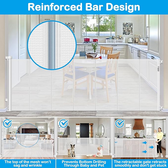 Reinforced 42??Extra Tall X 159??Extra Wide Retractable Gate Indoor Prevent Kids and Pets from Getting Through Tall Retractable Baby Gates for Doorways Pet Gates for Wide Openings Mesh Baby Gate White