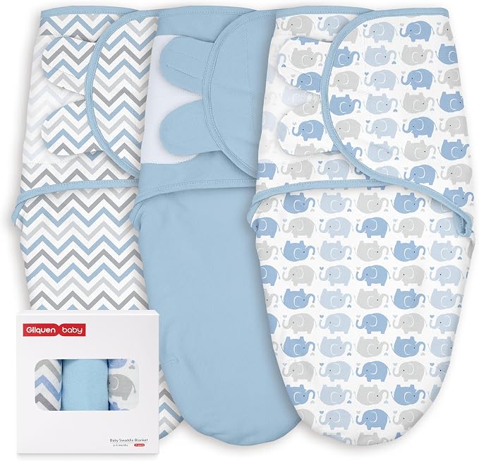GLLQUEN BABY Swaddles for Newborns Organic Cotton, Soft Baby Boy Swaddles 3-6 Months, Reduce Startle Reflex Womb-Like Sleep Sack Wrap Nursery Swaddling Blankets Blue Elephants