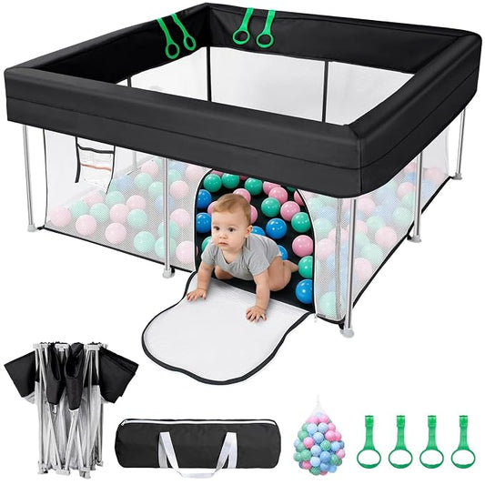 Foldable Baby Playpen, 50"×50" Collapsible Play Yard for Babies and Toddlers, No Assembly Required, Kids Safety Play Area with 4 Handles, 50 Balls and Visible Mesh, (Black, 50x50 Inch)