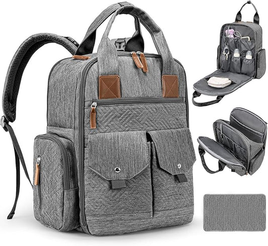 JSTPRO Diaper Bag Backpack - Large Diaper Bag with Portable Changing Pad as Baby Shower Gifts, Lightweight Waterproof Unisex Travel Baby Bag with 4 Insulated Pockets and Stroller Buckles, Dark Grey