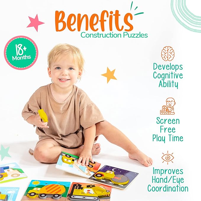 Klevly 6 PK Construction Wooden Toddler Puzzles Ages 2-4 | Wooden Puzzles for Toddlers 1-3 | Montessori Toys for 2 Year Old | Learning for 2+ Year Olds