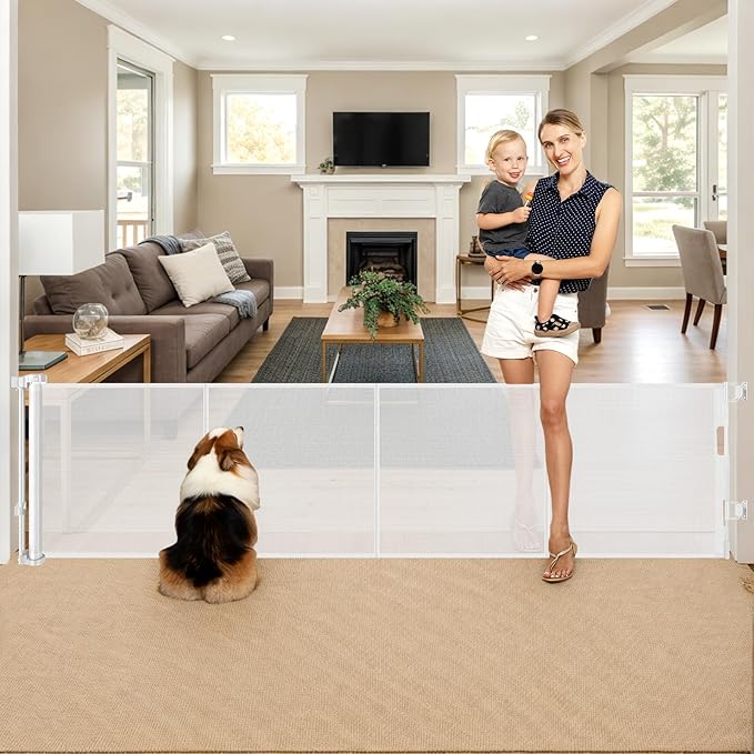 Reinforced 28 Inch Tall Retractable Baby Gates for Dogs - Easy Step Over, 100" Extra Wide Baby Gate with Support Rods, Indoor Mesh Dog Gates for The House Outdoor Retractable Gate Small Pet Gate/White