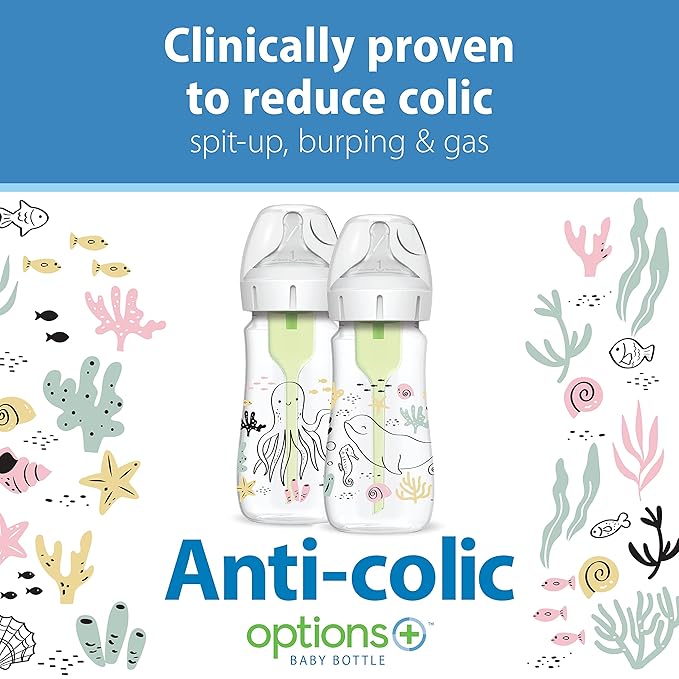 Dr. Brown's Anti-Colic Options+ Wide-Neck Baby Bottle Designer Edition Bottles, Ocean Decos, 9 oz/270 mL, Level 1 Nipple, 0m+, 2-Pack