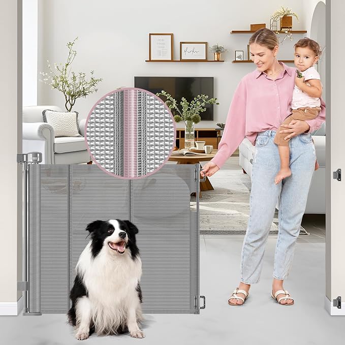56" Wide Retractable Baby Gates for Stairs with Reinforced Strip, Baby Gate Retractable Pet Gate for Stairs to Prevent Crawling Through, Retractable Gates for Kids or Pets, Mesh Dog Gate Indoor, Gray