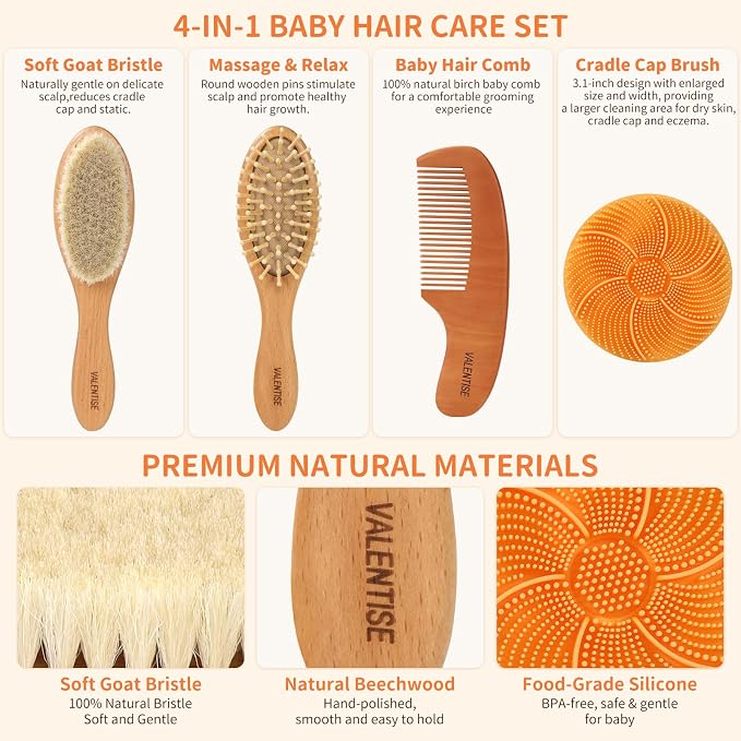 4 Pack Wooden Baby Hair Brush Set, Natural Baby Brush and Comb Set with Soft Baby Cradle Cap Brush for Newborns & Toddlers, Perfect Baby Registry Gift