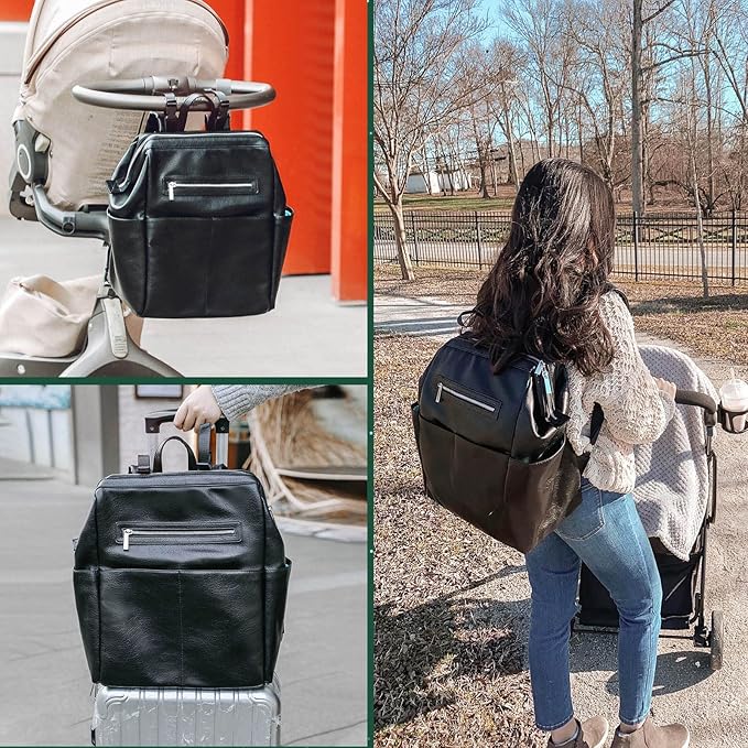 MOMINSIDE Diaper Bag Backpack, Leather Backpack with 16 Pockets for Mom Dad, Baby Registry Search, Fits 15 Inch Laptop, 4 Insulated Pockets, Silver Zipper, Black