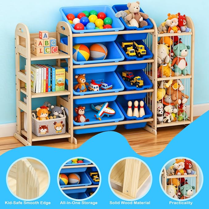 Toy Storage Organizer, Toy Organizers and Storage with Stuffed Animal Storage, Kids Toy Storage Shelf with 3 Shelves 8 Storage Bins, Kids Bookshelf, Toy Holder for Playrooms, Bedrooms, Blue